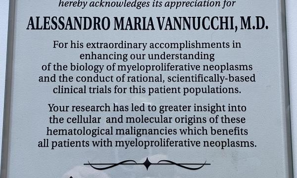 Riconoscimento al Prof. A. M. Vannucchi del Grinberg/Wish Award del Tisch Cancer Institute, Ichan School of Medicine del Mount Sinai Hospital.